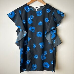 Derek Lam 10 Crosby NWTs Floral Ruffle Sleeve Top - Black and Blue Size 6